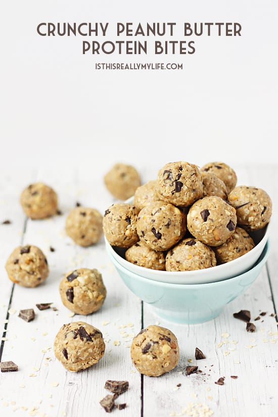 Crunchy Peanut Butter Protein Bites -- These crunchy peanut butter protein bites are some of the easiest and tastiest protein bites (aka protein balls) I have ever made! | halfscratched.com