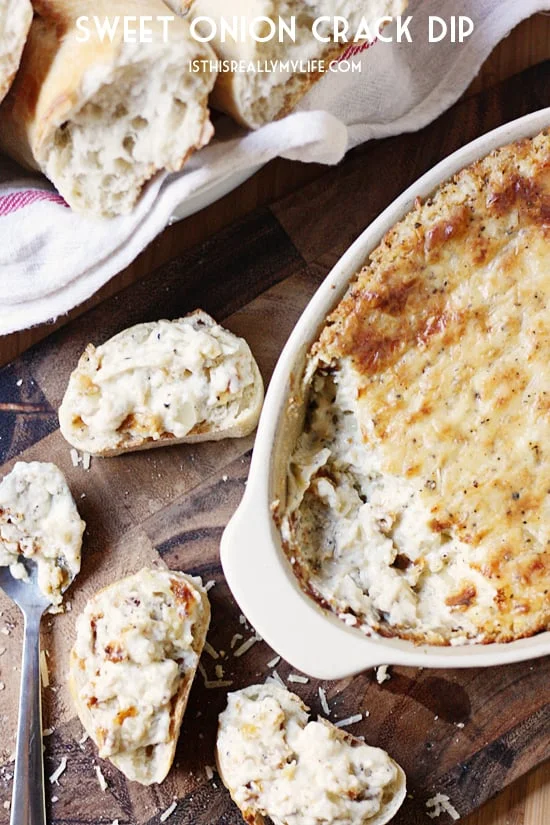 Sweet onion crack dip -- hot, cheesy, and a bit peppery. It is highly addictive!