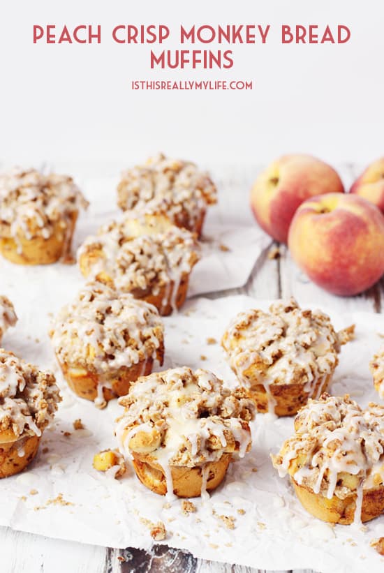 Peach Crisp Monkey Bread Muffins -- These peach crisp monkey bread muffins combine fresh, diced peaches, a delicious crumble topping and cinnamon roll dough for an easy, scrumptious treat! | halfscratched.com