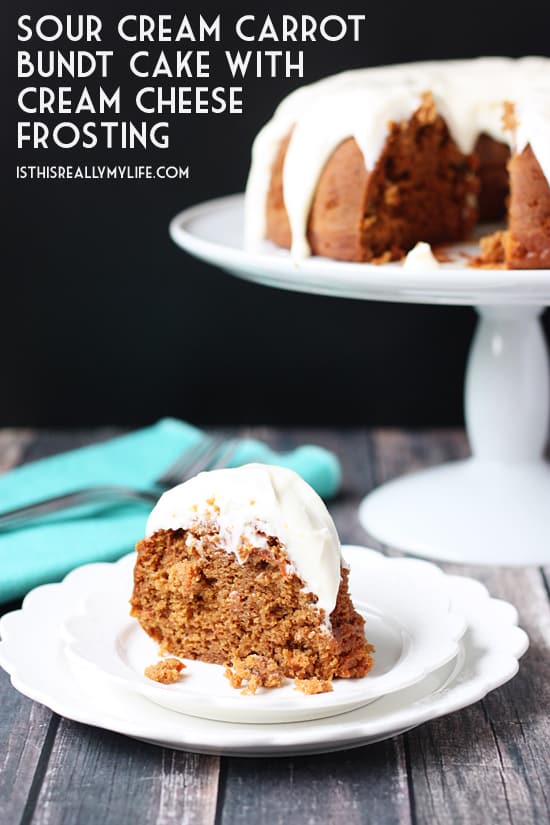 Sour Cream Carrot Bundt Cake with Cream Cheese Frosting - Sour cream carrot bundt cake is perfect for party guests. The combination of decadent carrot cake and homemade cream cheese frosting is irresistible! | halfscratched.com