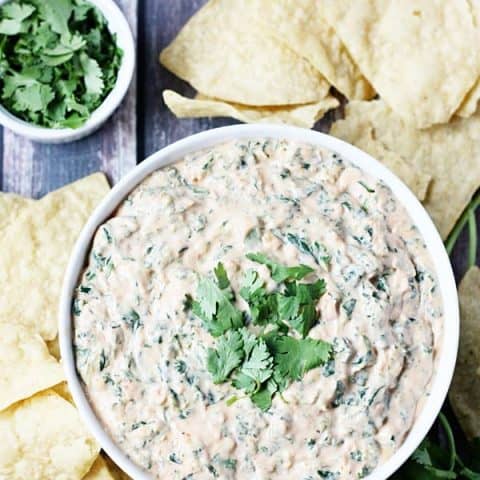 5-Minute Spinach Salsa Queso -- Need a last-minute Cinco de Mayo appetizer? Try this 5-minute spinach salsa queso dip. It is creamy, cheesy and totally addictive! | halfscratched.com