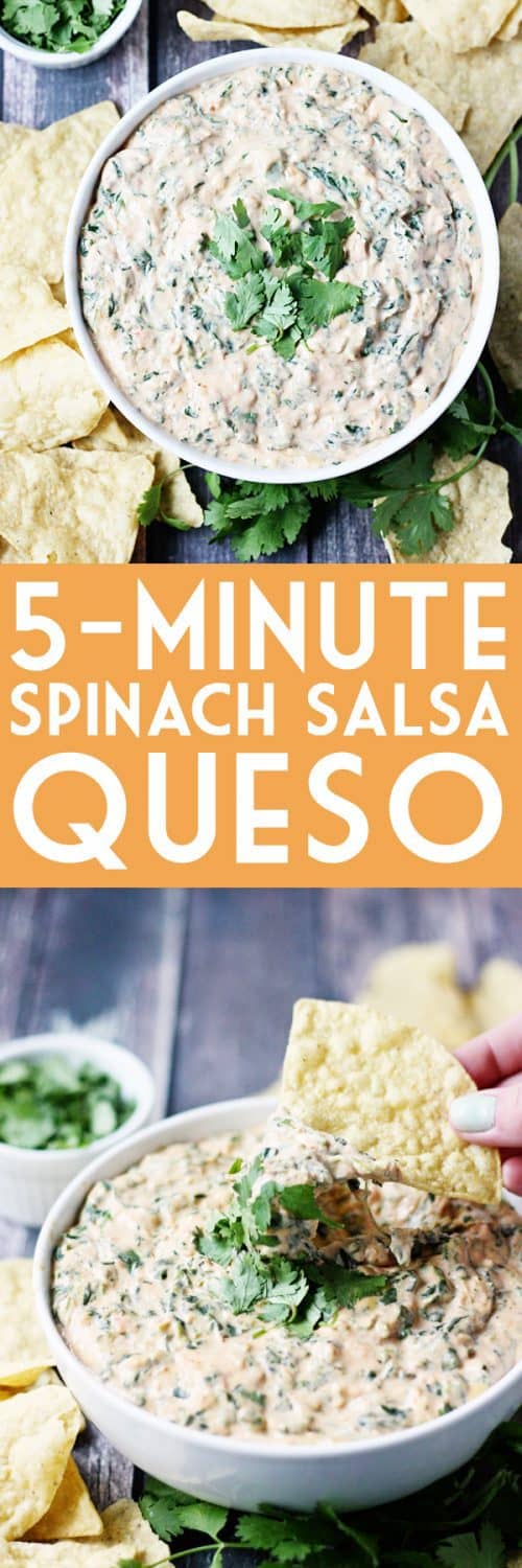 5-Minute Spinach Salsa Queso -- Need a last-minute Cinco de Mayo appetizer? Try this 5-minute spinach salsa queso dip. It is creamy, cheesy and totally addictive! | halfscratched.com