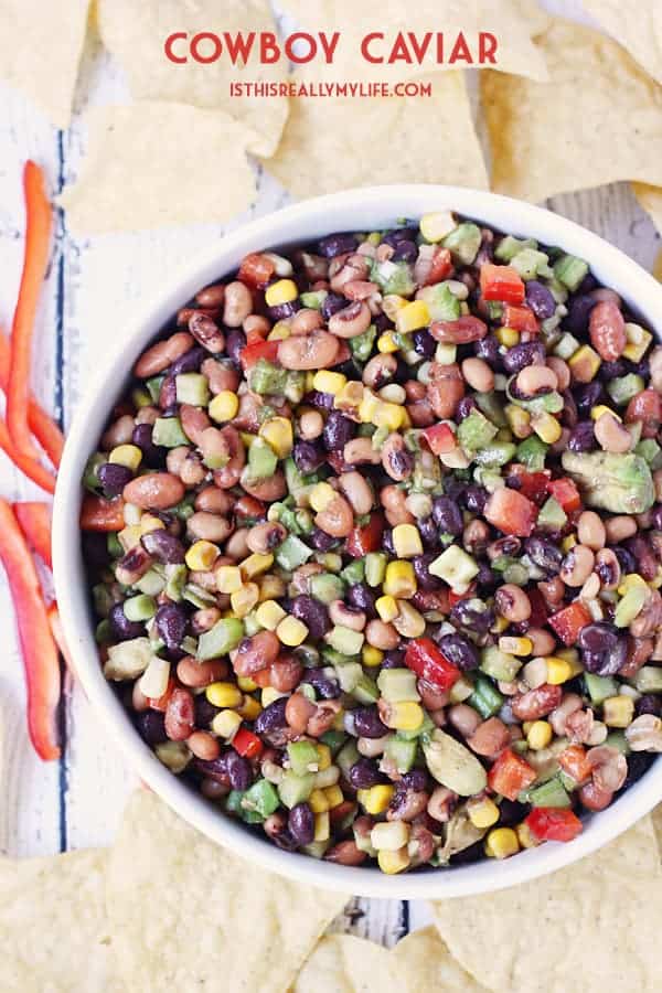 Cowboy Caviar - Cowboy caviar (a.k.a. cowboy salsa) is perfect for feeding a large crowd on Cinco de Mayo, Taco Tuesday or any day calling for amazing chips and salsa! | halfscratched.com