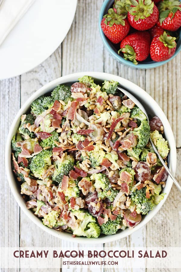 Creamy Bacon Broccoli Salad -- This creamy bacon broccoli salad is one of the best broccoli salads I've tasted. It features bacon, grapes, sunflower seeds and a creamy low-fat dressing. | halfscratched.com