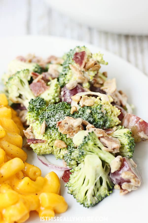 Creamy Bacon Broccoli Salad -- This creamy bacon broccoli salad is one of the best broccoli salads I've tasted. It features bacon, grapes, sunflower seeds and a creamy low-fat dressing. | halfscratched.com