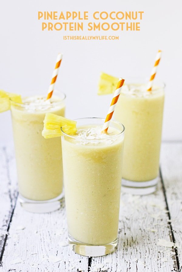 Pineapple Coconut Protein Smoothie - This pineapple coconut protein smoothie is perfect for those who love the heavenly combination of pineapple and coconut and want a healthy way to drink it! | halfscratched.com