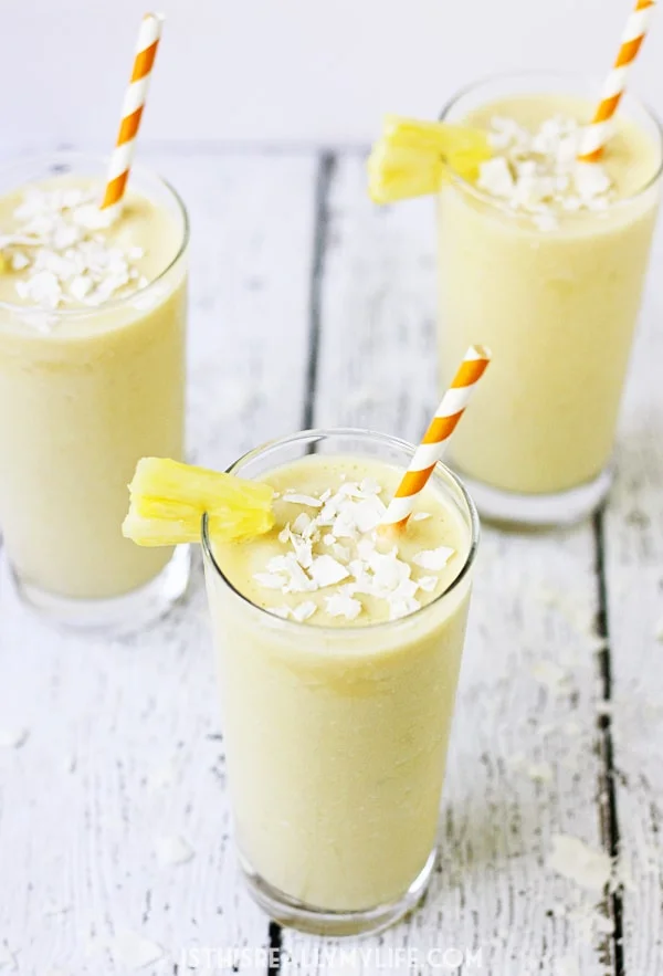 Pineapple Coconut Protein Smoothie - This pineapple coconut protein smoothie is perfect for those who love the heavenly combination of pineapple and coconut and want a healthy way to drink it! | halfscratched.com