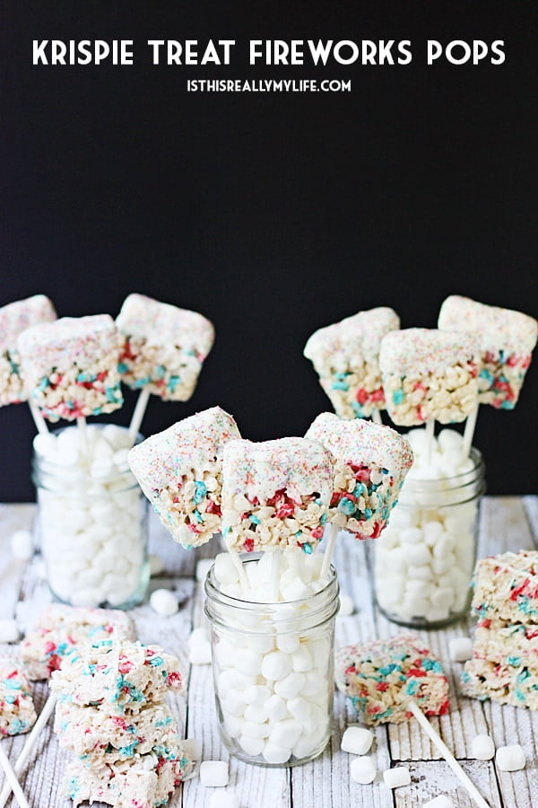 Krispie Treat Fireworks Pops -- Krispie treat fireworks pops are a fantastic last-minute 4th of July dessert—they're easy, irresistible and a total crowd pleaser! | isthisreallymyilfe.com