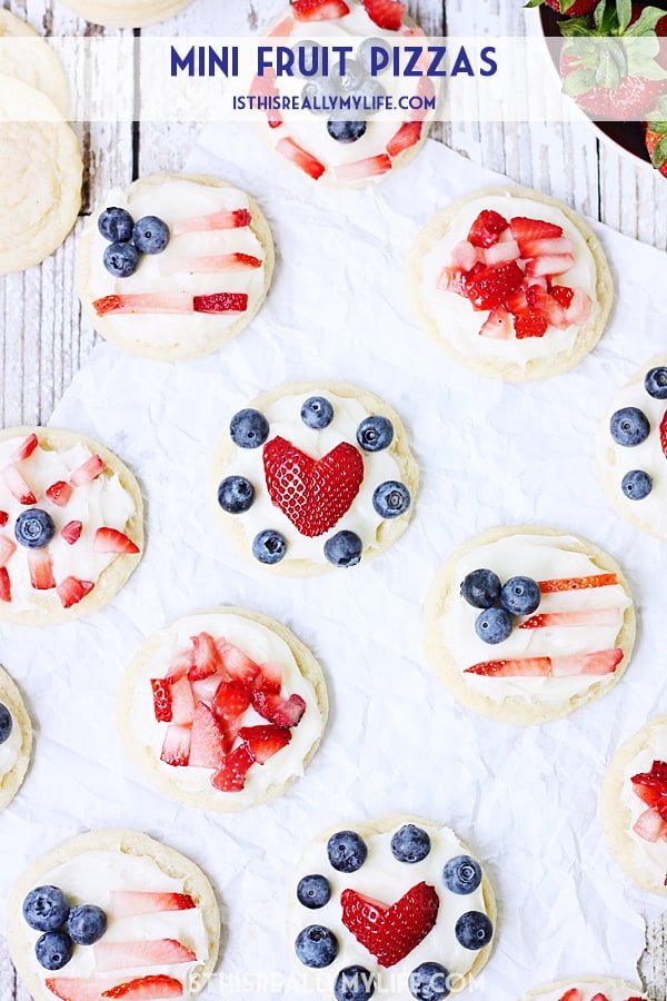 Mini Fruit Pizzas -- Mini fruit pizzas are a fun and festive dessert for the 4th of July or any celebration! Top them with berries, diced kiwi...even mandarin oranges! | halfscratched.com