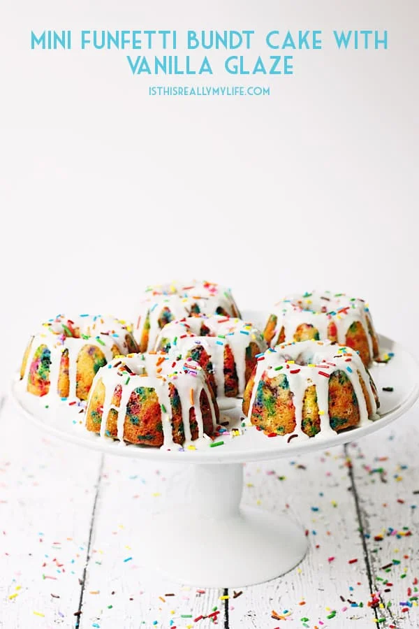 Mini Funfetti Bundt Cake with Vanilla Glaze -- Mini funfetti bundt cakes with vanilla glaze are a fun party dessert. Perfect topped with a scoop of ice cream, whipped cream, more sprinkles and a cherry! | halfscratched.com