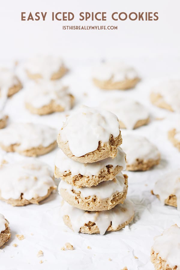 Easy Iced Spice Cookies -- Cream cheese is the secret ingredient that makes these easy iced spice cookies super soft and chewy. Vanilla icing makes them extra yummy! | halfscratched.com