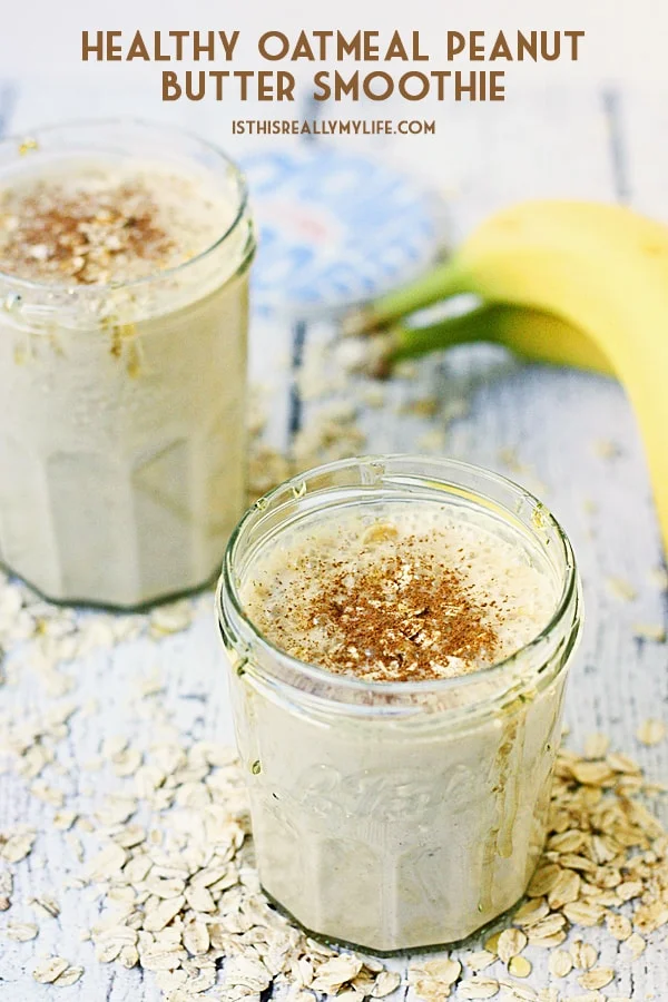 Healthy Oatmeal Peanut Butter Smoothie -- This oatmeal peanut butter smoothie tastes like a delicious oatmeal peanut butter cookie but is a heck of a lot healthier! | halfscratched.com