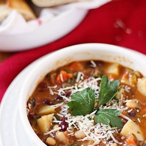 Homemade Minestrone Soup -- This homemade minestrone soup is chock full of flavor thanks to lots of fresh vegetables, herbs and coarsely chopped pancetta. | halfscratched.com #recipe #soup