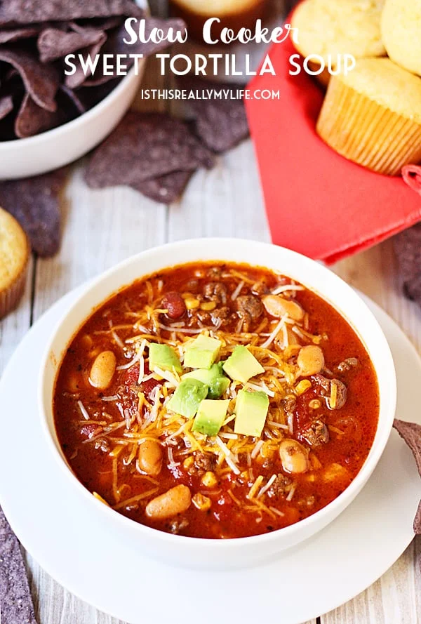 Slow Cooker Sweet Tortilla Soup -- Slow cooker sweet tortilla soup is slightly sweet, super family friendly and a cinch to make. That must be why it is extra delicious! | halfscratched.com