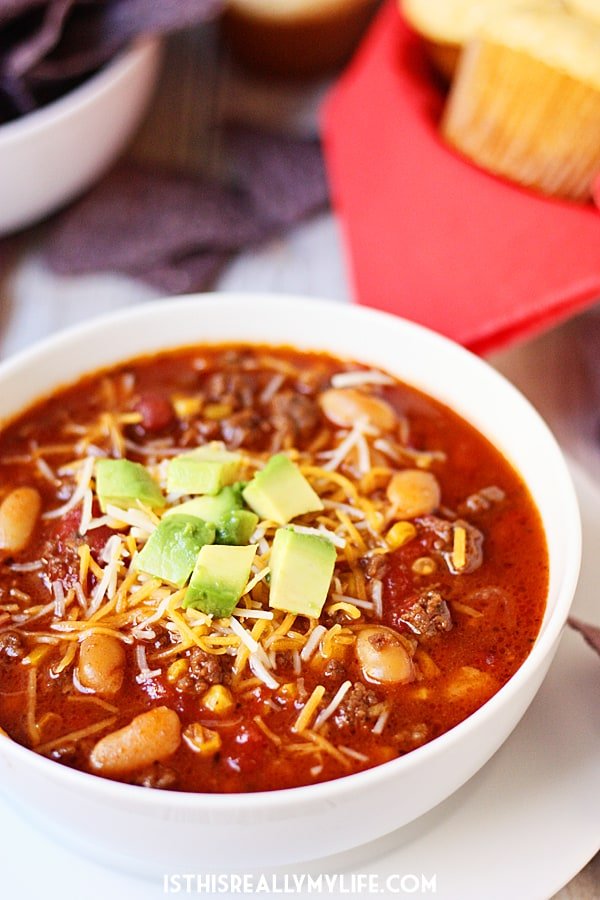 Slow Cooker Sweet Tortilla Soup -- Slow cooker sweet tortilla soup is slightly sweet, super family friendly and a cinch to make. That must be why it is extra delicious! | halfscratched.com