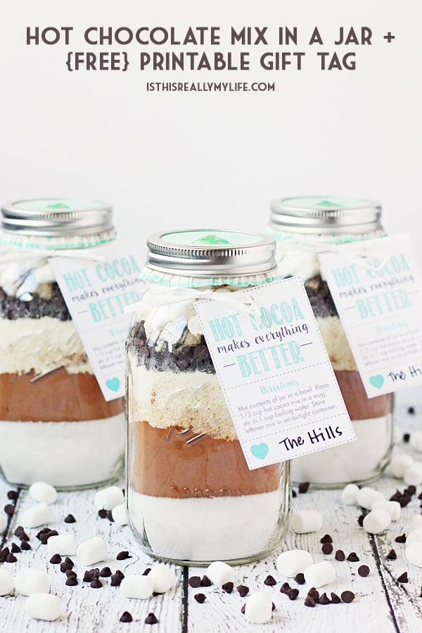 Hot Chocolate Mix in a Jar + FREE Printable Hot Cocoa Gift Tag -- Hot chocolate mix in a jar makes for the perfect holiday gift for friends and neighbors. Don't forget the cute printable gift tag! | halfscratched.com