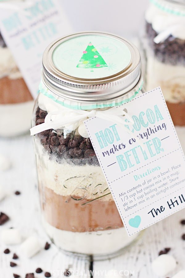 Hot Chocolate Mix in a Jar + FREE Printable Hot Cocoa Gift Tag -- Hot chocolate mix in a jar makes for the perfect holiday gift for friends and neighbors. Don't forget the cute printable gift tag! | halfscratched.com