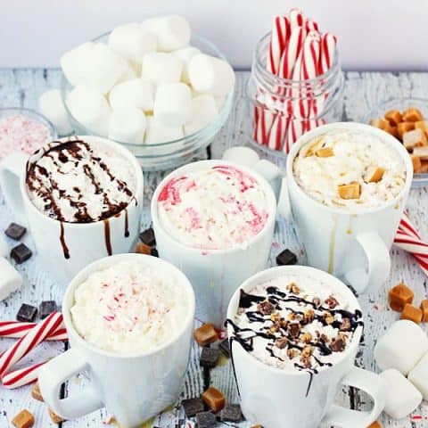 FIVE 3-Ingredient Hot Chocolate Recipes -- Three ingredients are all you need to make a variety of decadent hot chocolate recipes, from chocolate salted caramel to white chocolate raspberry! | halfscratched.com
