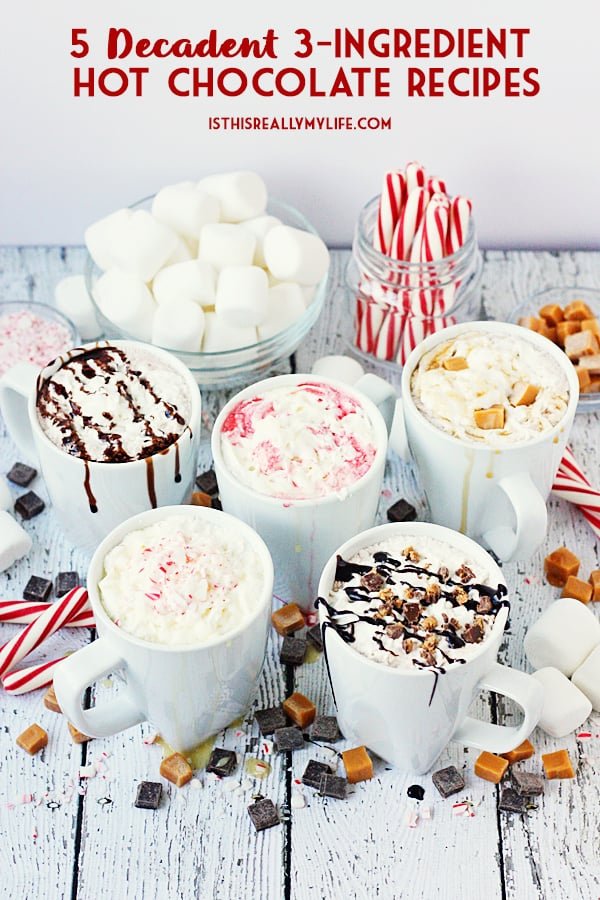 FIVE 3-Ingredient Hot Chocolate Recipes -- Three ingredients are all you need to make a variety of decadent hot chocolate recipes, from chocolate salted caramel to white chocolate raspberry! | halfscratched.com