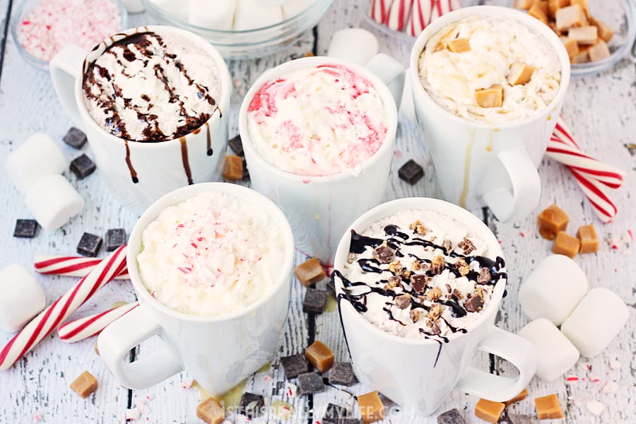 FIVE 3-Ingredient Hot Chocolate Recipes -- Three ingredients are all you need to make a variety of decadent hot chocolate recipes, from chocolate salted caramel to white chocolate raspberry! | halfscratched.com