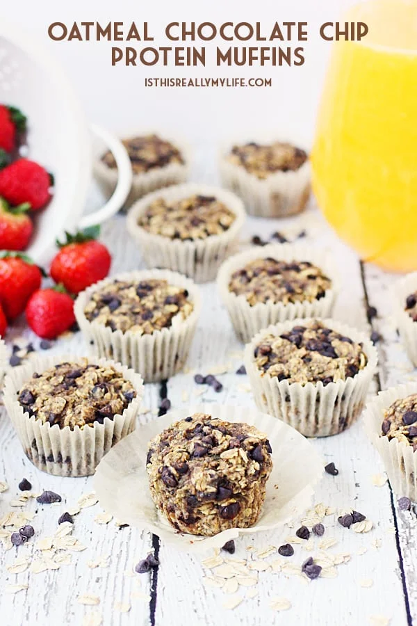 Oatmeal Chocolate Chip Protein Muffins -- Oatmeal chocolate chip protein muffins are so yummy, it's hard to believe they're good for you. Bake them and then freeze them for a healthy meal on the go! | halfscratched.com