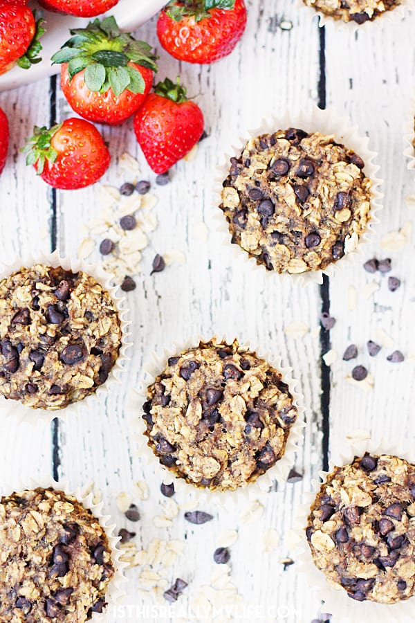 Oatmeal Chocolate Chip Protein Muffins -- Oatmeal chocolate chip protein muffins are so yummy, it's hard to believe they're good for you. Bake them and then freeze them for a healthy meal on the go! | halfscratched.com