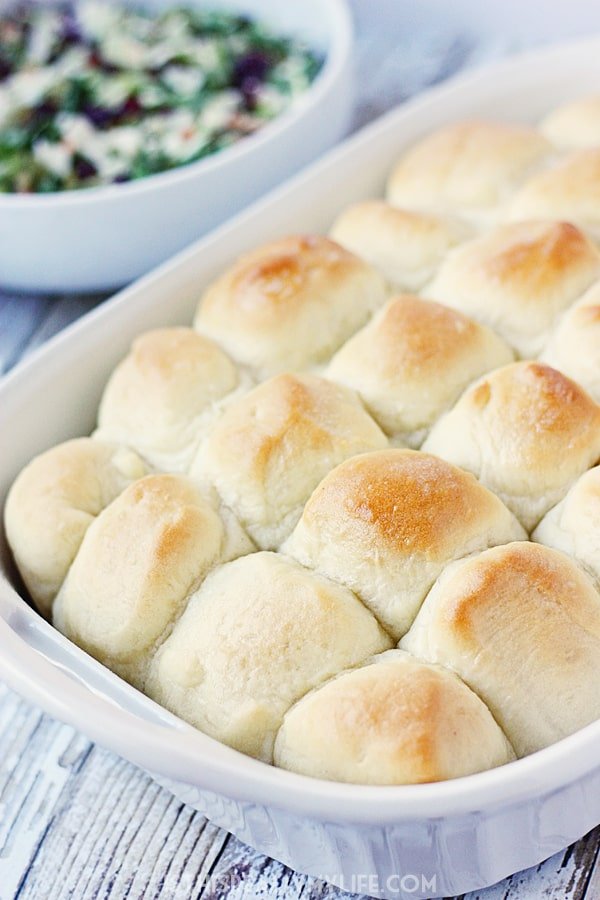 One-hour dinner rolls are the perfect addition to your weeknight meal. They're light, fluffy and take about ⅓ the time of traditional rolls! | halfscratched.com