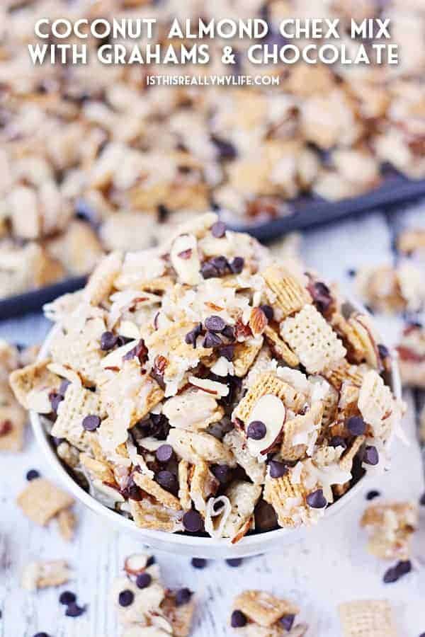 Coconut Almond Chex Mix with Grahams and Chocolate -- Coconut almond Chex mix becomes twice as irresistible after adding Golden Grahams and mini semisweet chocolate chips to the classic recipe. | halfscratched.com #recipe #chexmix