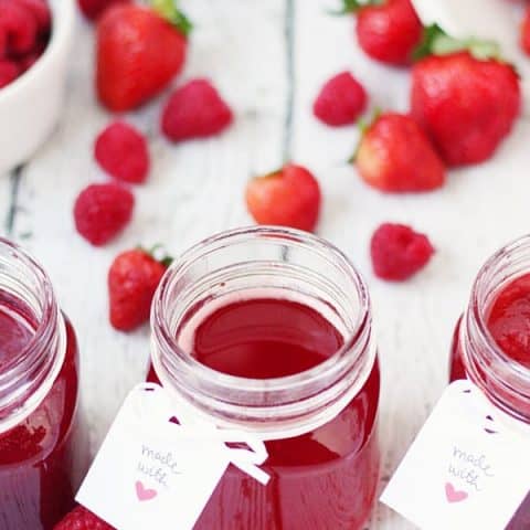 Simple Berry Syrup -- This simple berry syrup requires only three ingredients and works with most berries. My favorites are strawberries, raspberries and blackberries. Yum! | halfscratched.com