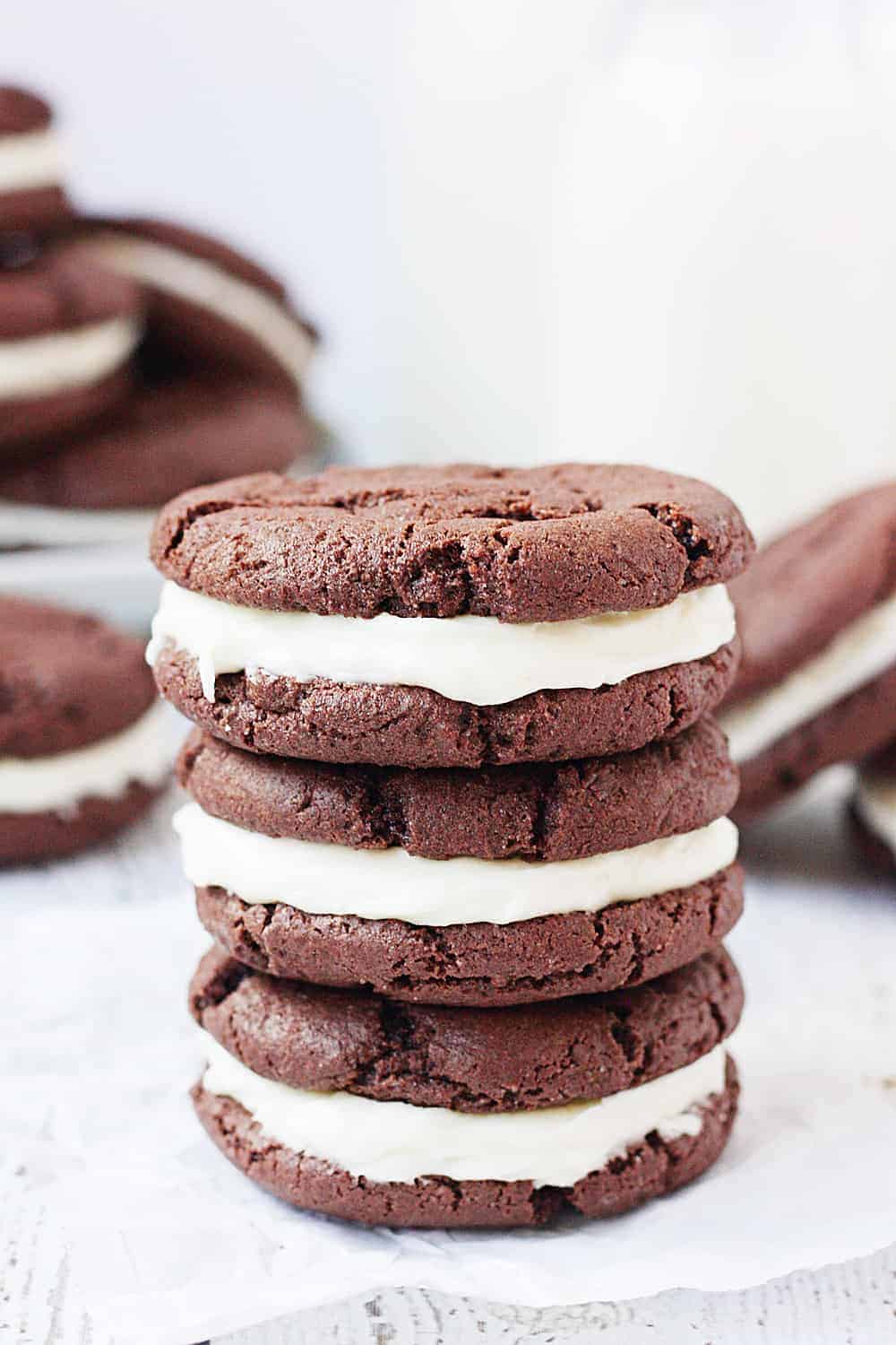 Cake Mix Oreo Cookies side view close-up.