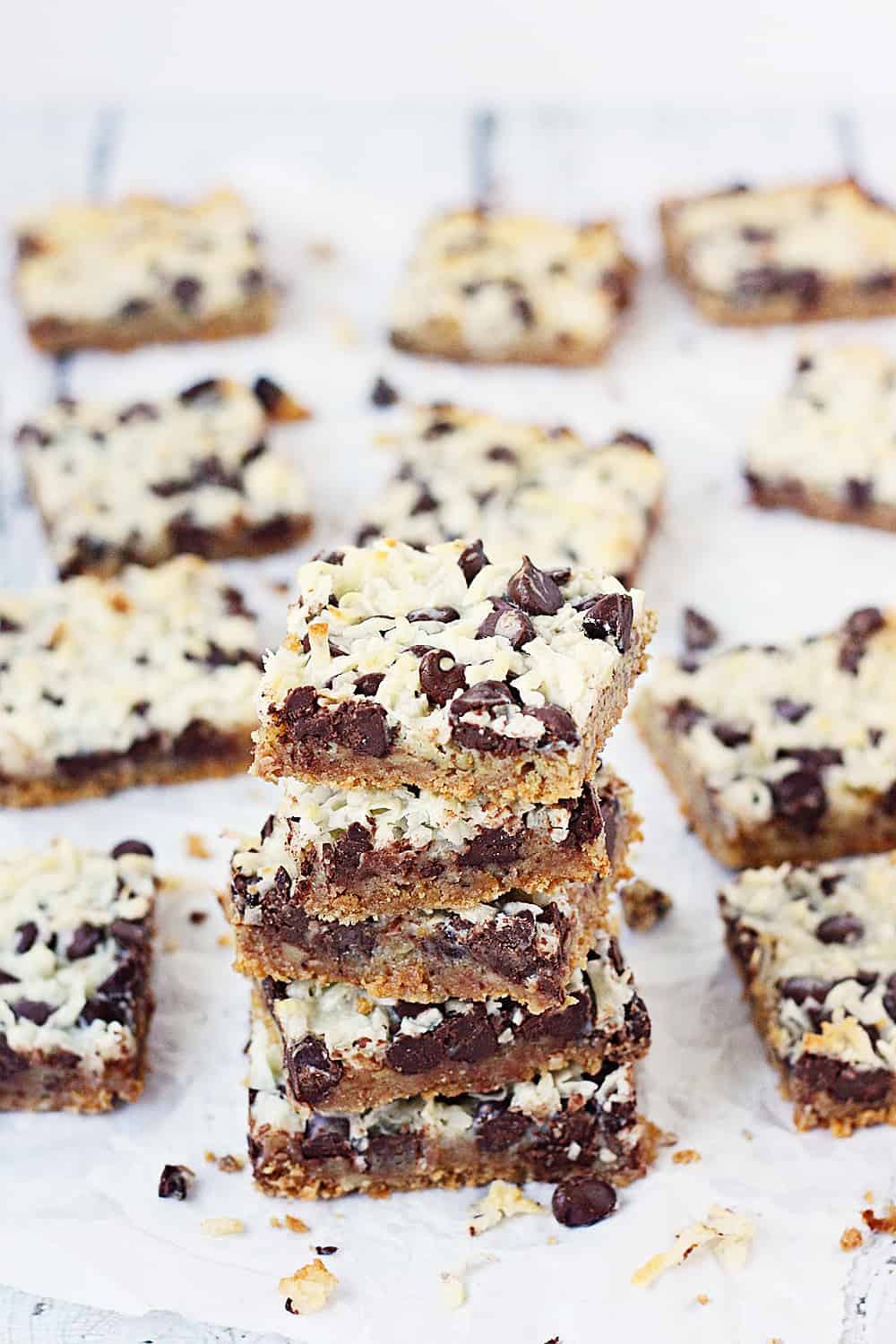 One-Pan Hello Dolly Bars -- This recipe for Hello Dolly bars calls for six simple ingredients, one pan and about 10 minutes to prep. The result is a bar cookie that is soft, chewy and highly addictive! | halfscratched.com #recipe #dessert