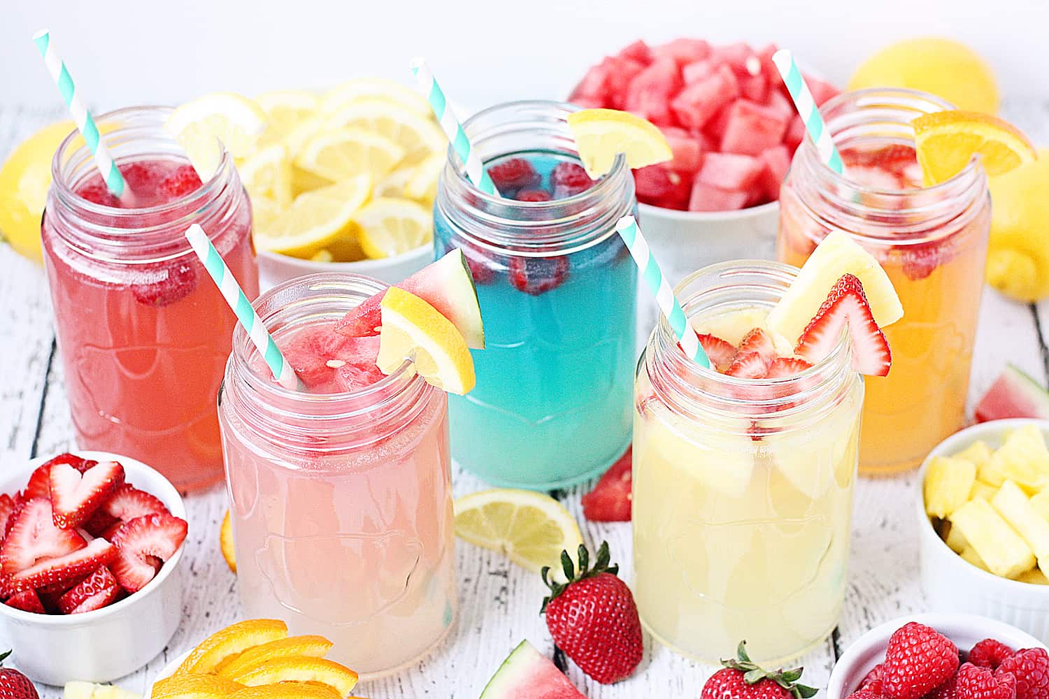 Lightened-up Lemonade Bar -- A lemonade bar is perfect for weekend brunch! This lightened-up version combines diet lemonade, sugar-free Torani syrups, and fresh fruit for a variety of fabulous flavor combinations. | halfscratched.com