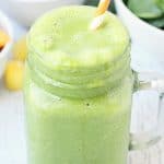 Pineapple Peach Green Smoothie -- This pineapple peach green smoothie is packed with good-for-you ingredients and good-for-your-taste-buds flavor. Frozen pineapple and peaches make it sweet while spinach and protein make it extra healthy! | halfscratched #ad #smoothie #recipe #drink