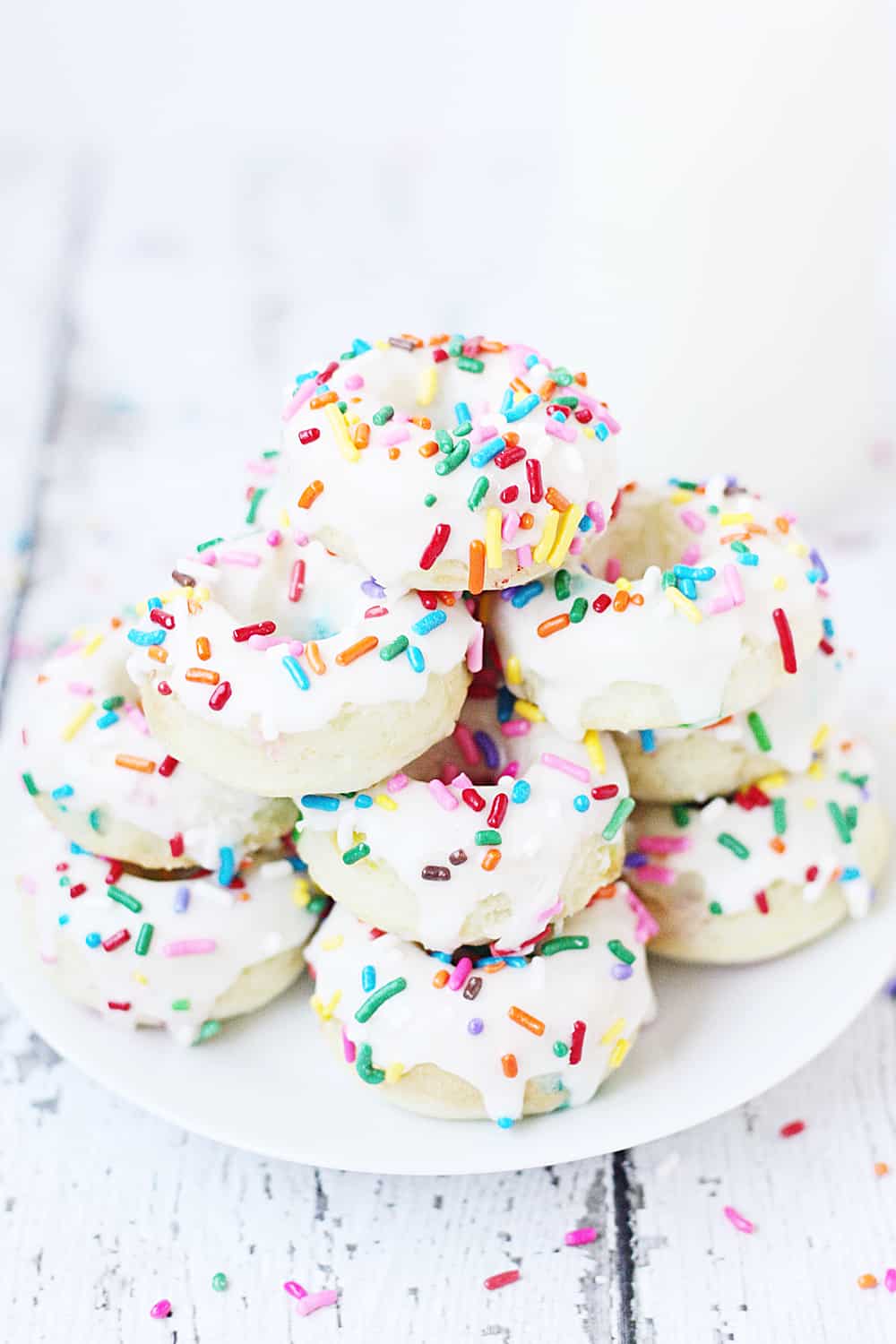 Mini Funfetti Cake Mix Donuts with Vanilla Glaze - Half-Scratched