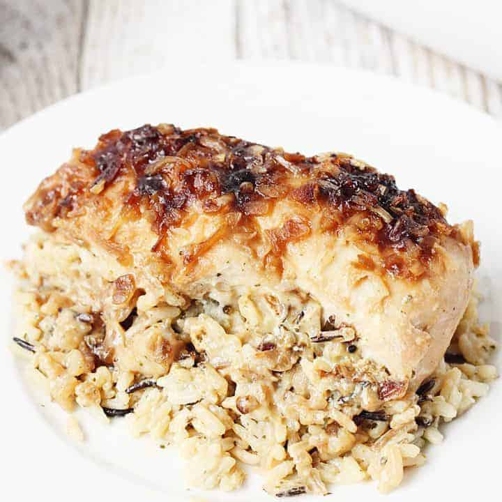 One-Pan No Peek Chicken and Rice -- One-pan no peek chicken and rice is sure to become a favorite family meal! Wild rice, soup, and chicken are combined in a single baking dish then baked to creamy chicken and rice perfection! | halfscratched.com #chicken #onepan #easyrecipe #maindish #dinner