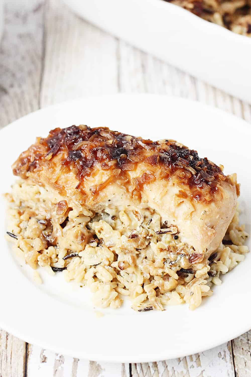 One-Pan No Peek Chicken and Rice one portion on a plate