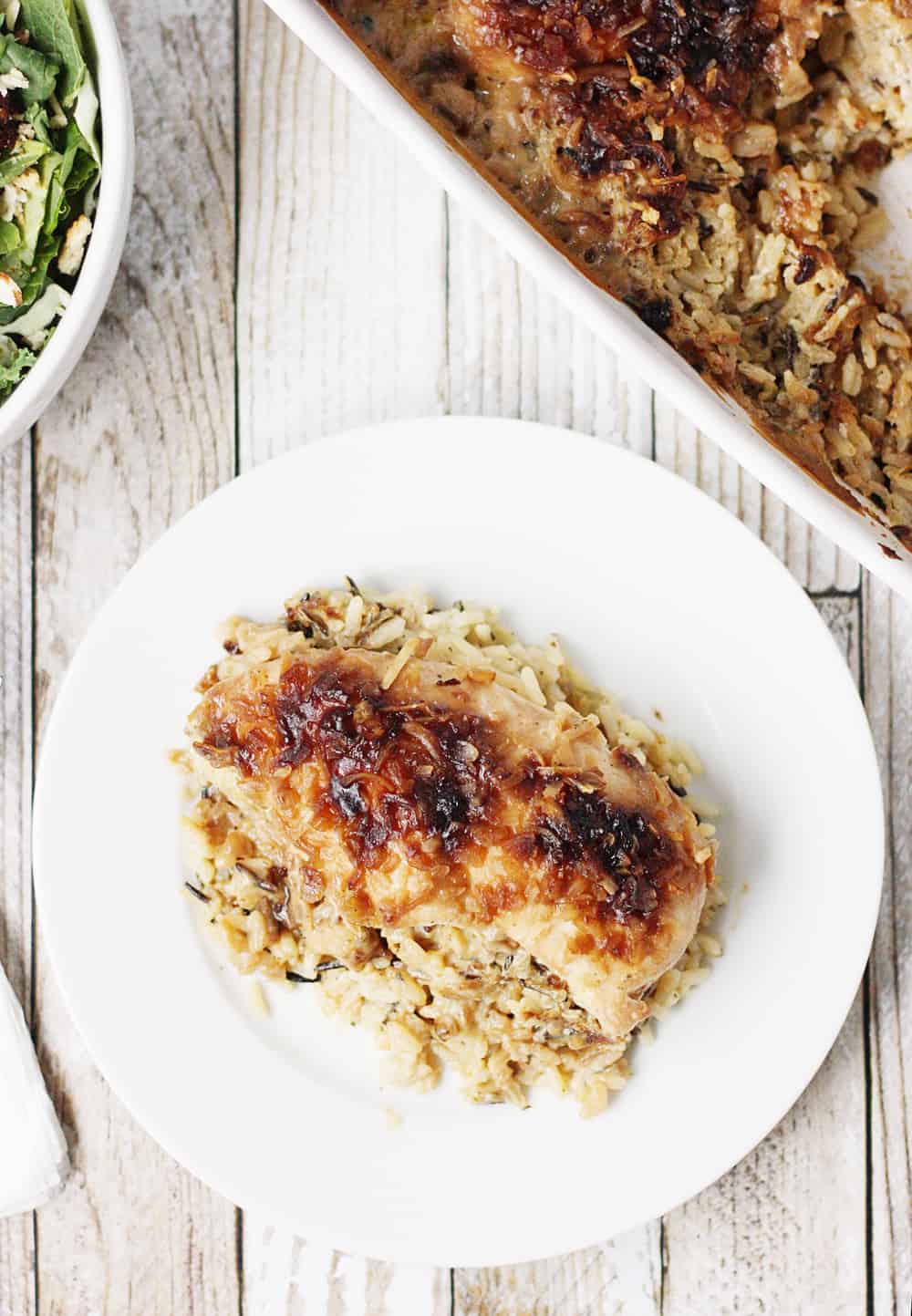 One-Pan No Peek Chicken and Rice on a plate top view