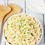 SHRIMP PASTA SALAD -- This shrimp pasta salad is a tasty way to switch up your typical macaroni or pasta salad. It takes a few more steps than your typical mac salad but it's so worth it! | halfscratched.com