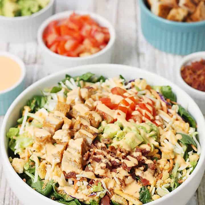 5-Minute Southwest BLT Chicken Salad -- This 5-minute southwest BLT chicken salad makes for an easy weeknight recipe. It's perfect for warm summer days or any time you need to quickly throw together a yummy, family-friendly meal! #salad #chicken #easyrecipe #sidedish #maindish #chickensalad #blt #halfscratched