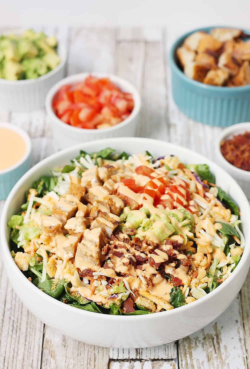 5-Minute Southwest BLT Chicken Salad -- This 5-minute southwest BLT chicken salad makes for an easy weeknight recipe. It's perfect for warm summer days or any time you need to quickly throw together a yummy, family-friendly meal! #salad #chicken #easyrecipe #sidedish #maindish #chickensalad #blt #halfscratched