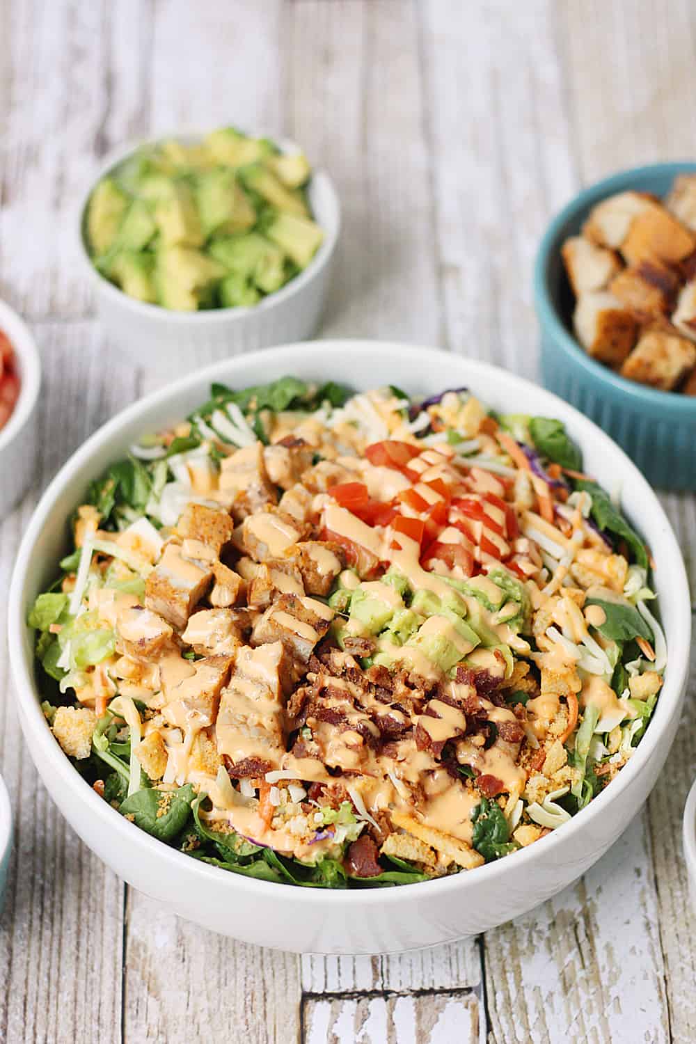 5-Minute Southwest BLT Chicken Salad -- This 5-minute southwest BLT chicken salad makes for an easy weeknight recipe. It's perfect for warm summer days or any time you need to quickly throw together a yummy, family-friendly meal! #salad #chicken #easyrecipe #sidedish #maindish #chickensalad #blt #halfscratched