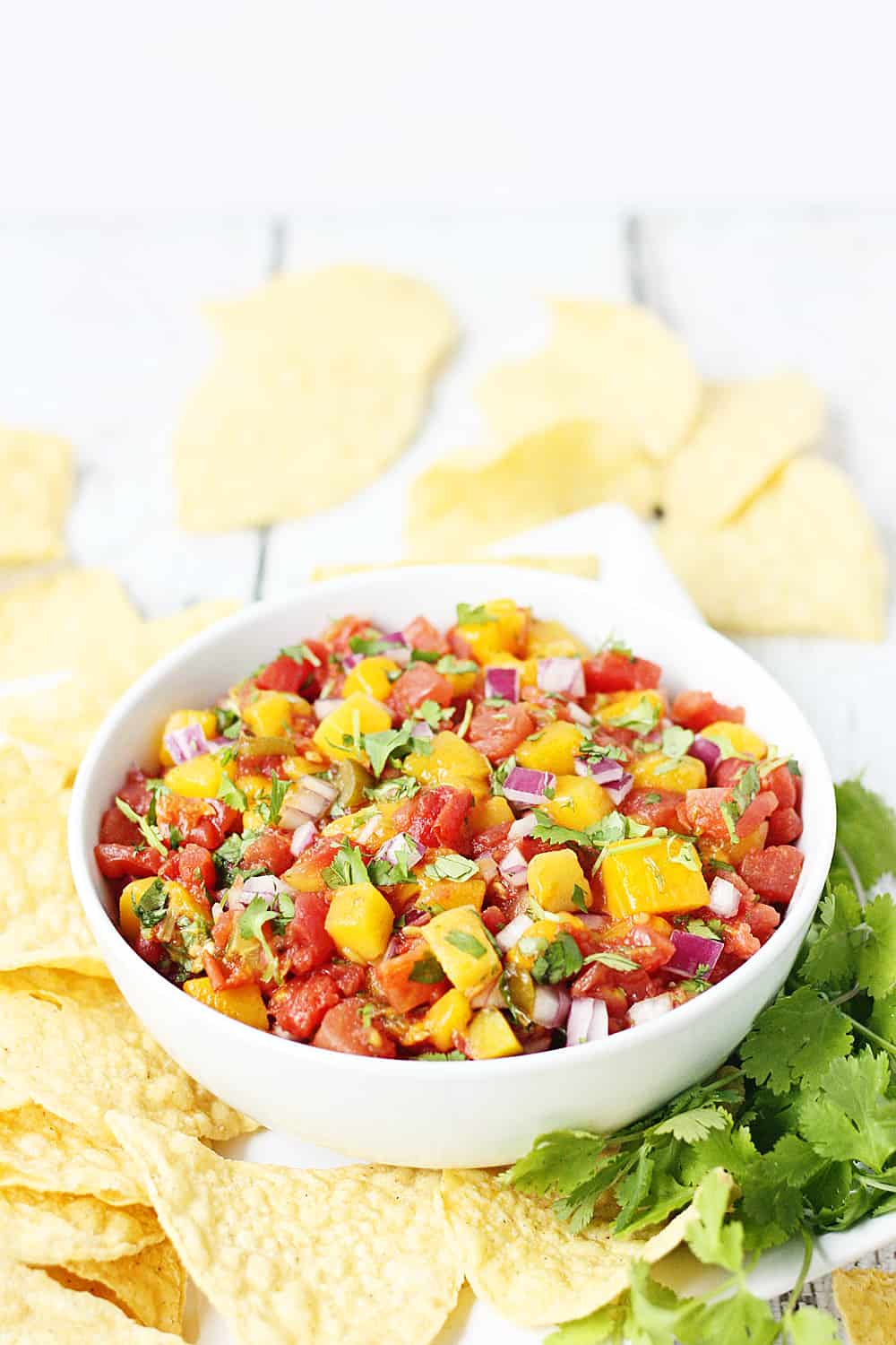 Easy Mango Salsa -- This easy mango salsa recipe comes together in about five minutes and requires only a handful of ingredients. You can serve it immediately, which makes it a great last-minute Cinco de Mayo appetizer! #salsa #appetizer #cincodemayo #mexicanrecipe #mexican #mango #easyrecipe #halfscratched