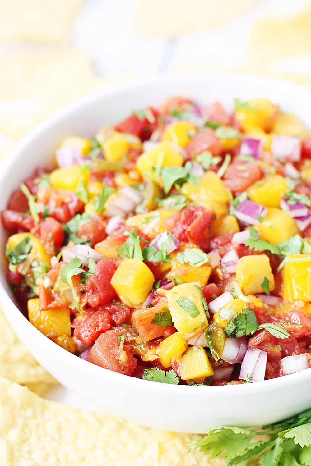 Easy Mango Salsa -- This easy mango salsa recipe comes together in about five minutes and requires only a handful of ingredients. You can serve it immediately, which makes it a great last-minute Cinco de Mayo appetizer! #salsa #appetizer #cincodemayo #mexicanrecipe #mexican #mango #easyrecipe #halfscratched