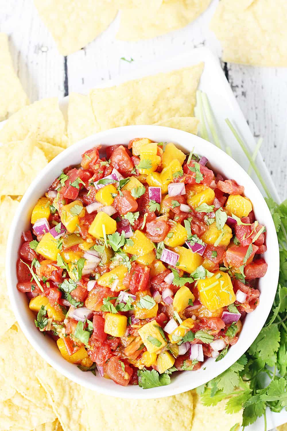 Easy Mango Salsa -- This easy mango salsa recipe comes together in about five minutes and requires only a handful of ingredients. You can serve it immediately, which makes it a great last-minute Cinco de Mayo appetizer! #salsa #appetizer #cincodemayo #mexicanrecipe #mexican #mango #easyrecipe #halfscratched