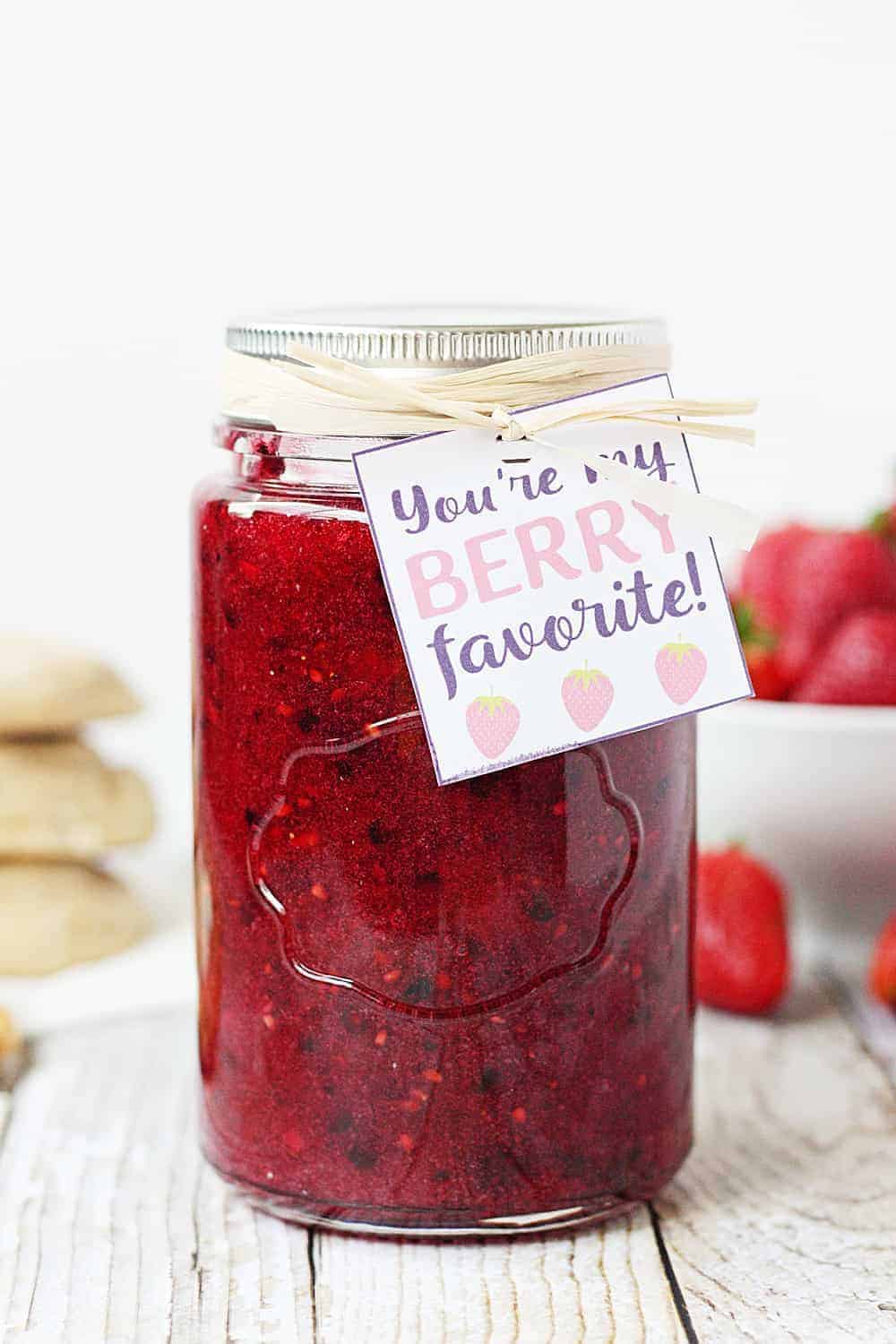 Easy Mixed Berry Freezer Jam in a jar.