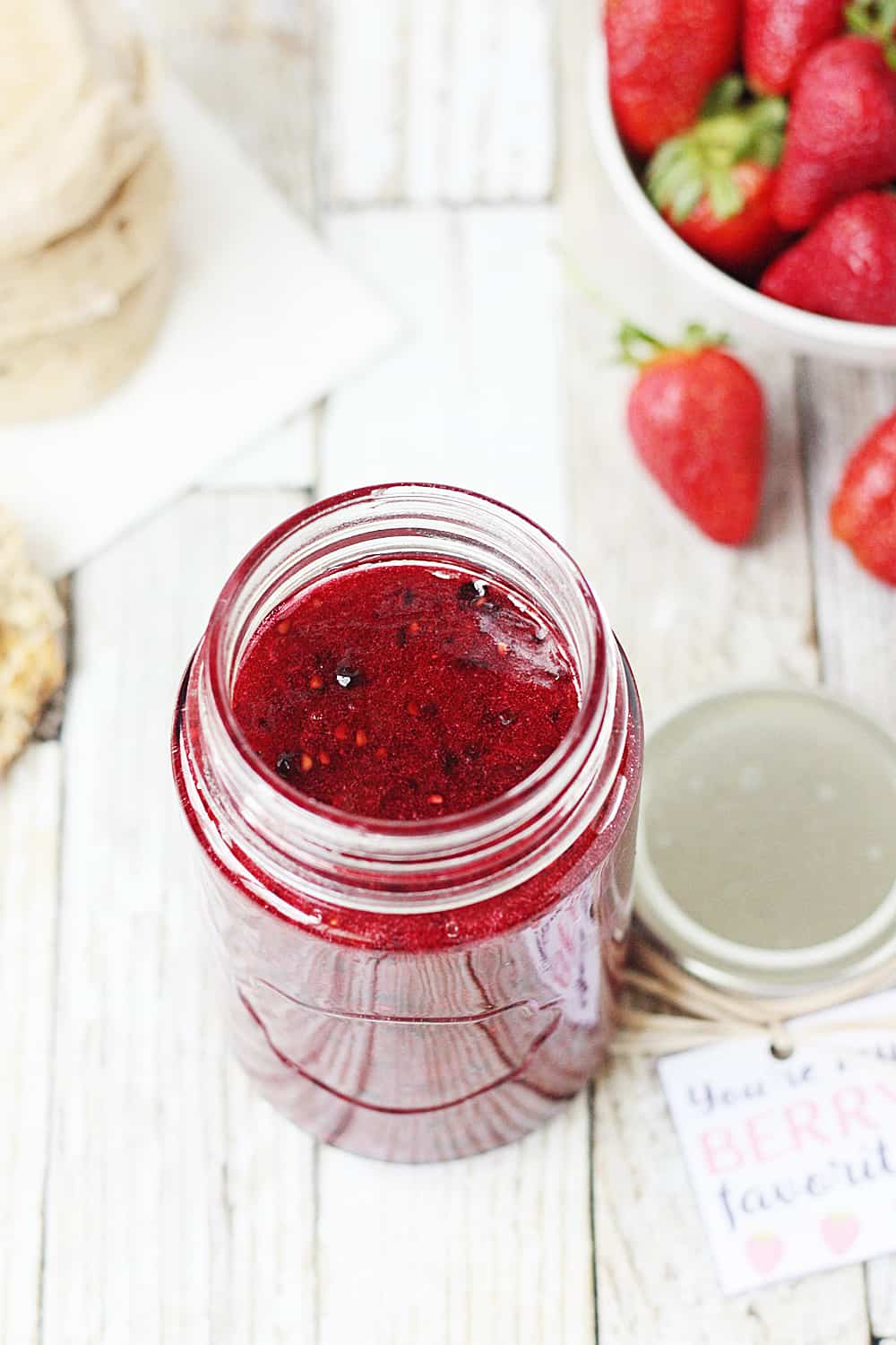 Easy Mixed Berry Freezer Jam from the top with jar open.