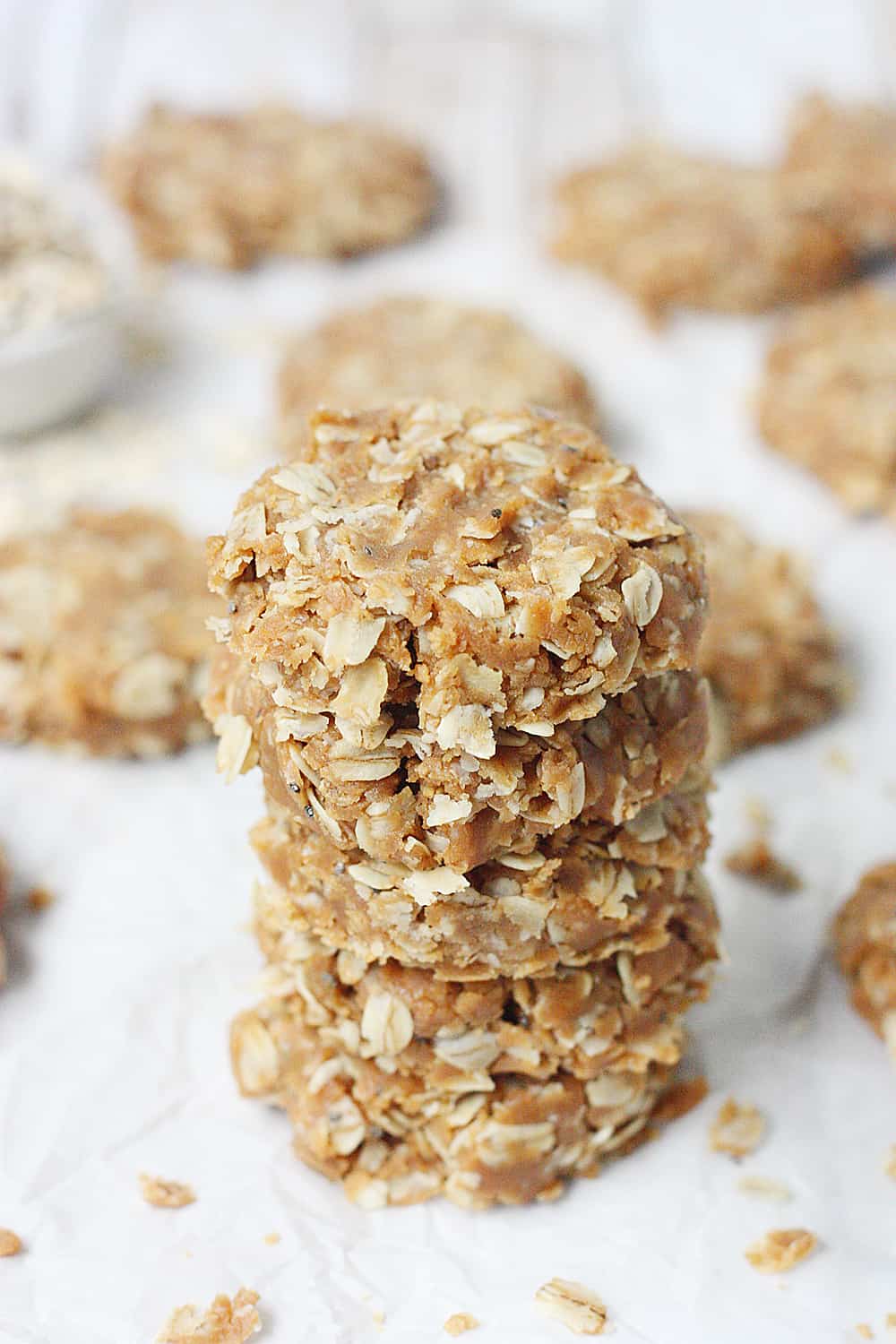 Healthy No-Bake Peanut Butter Oatmeal Protein Cookies --These healthy no bake cookies aren't packed with ingredients (only peanut butter, maple syrup, oatmeal, and vanilla protein) but they are packed with yummy flavor! They are as irresistible as they are easy! #halfscratched #nobake #cookies #healthyrecipe #oatmealcookies #peanutbutter #proteincookies #proteinbites #healthy #snack