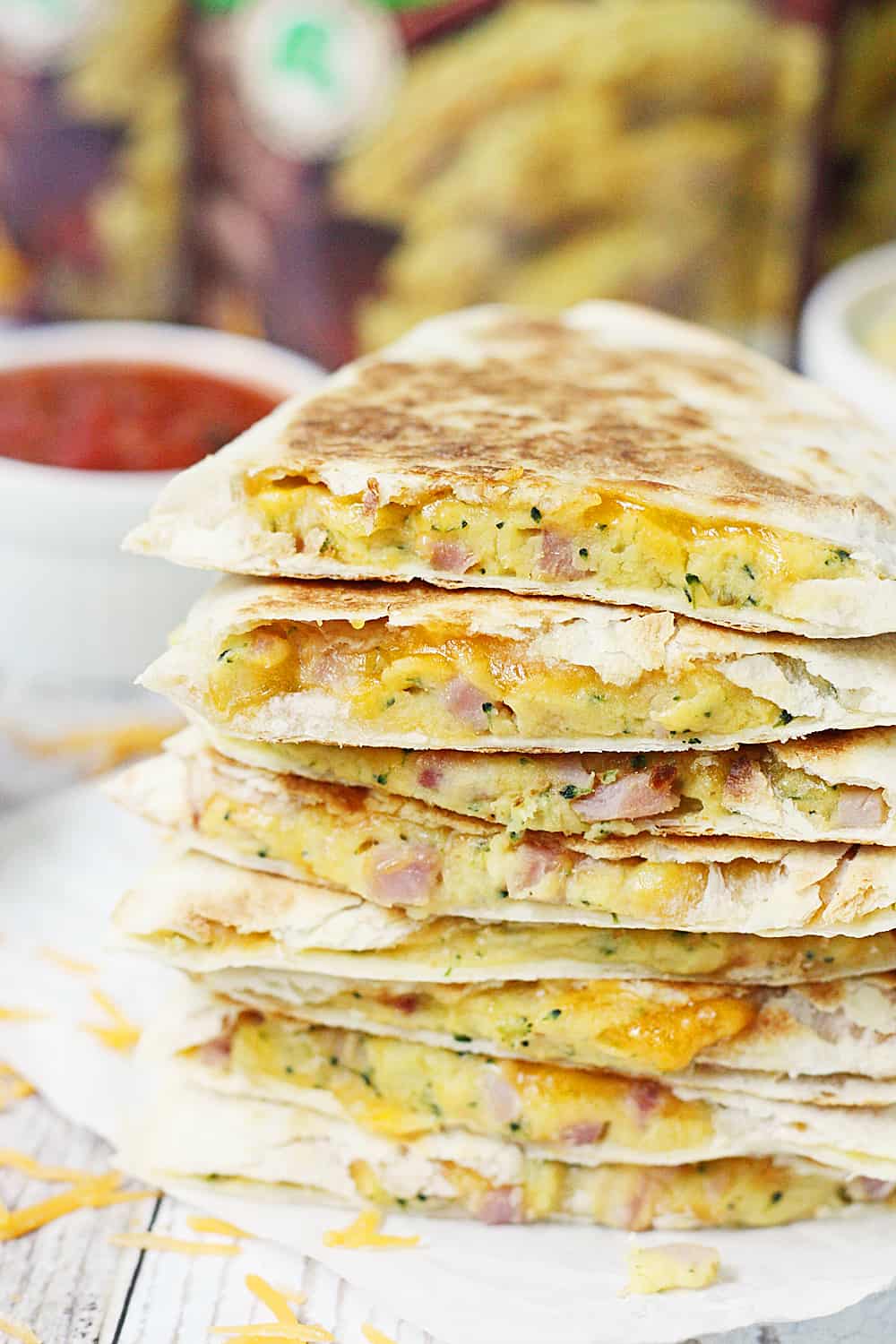 5-Minute Broccoli Ham & Cheese Quesadilla -- Love a simple weeknight meal idea! These quesadillas are quick and easy and a great way to get your family to eat extra veggies!