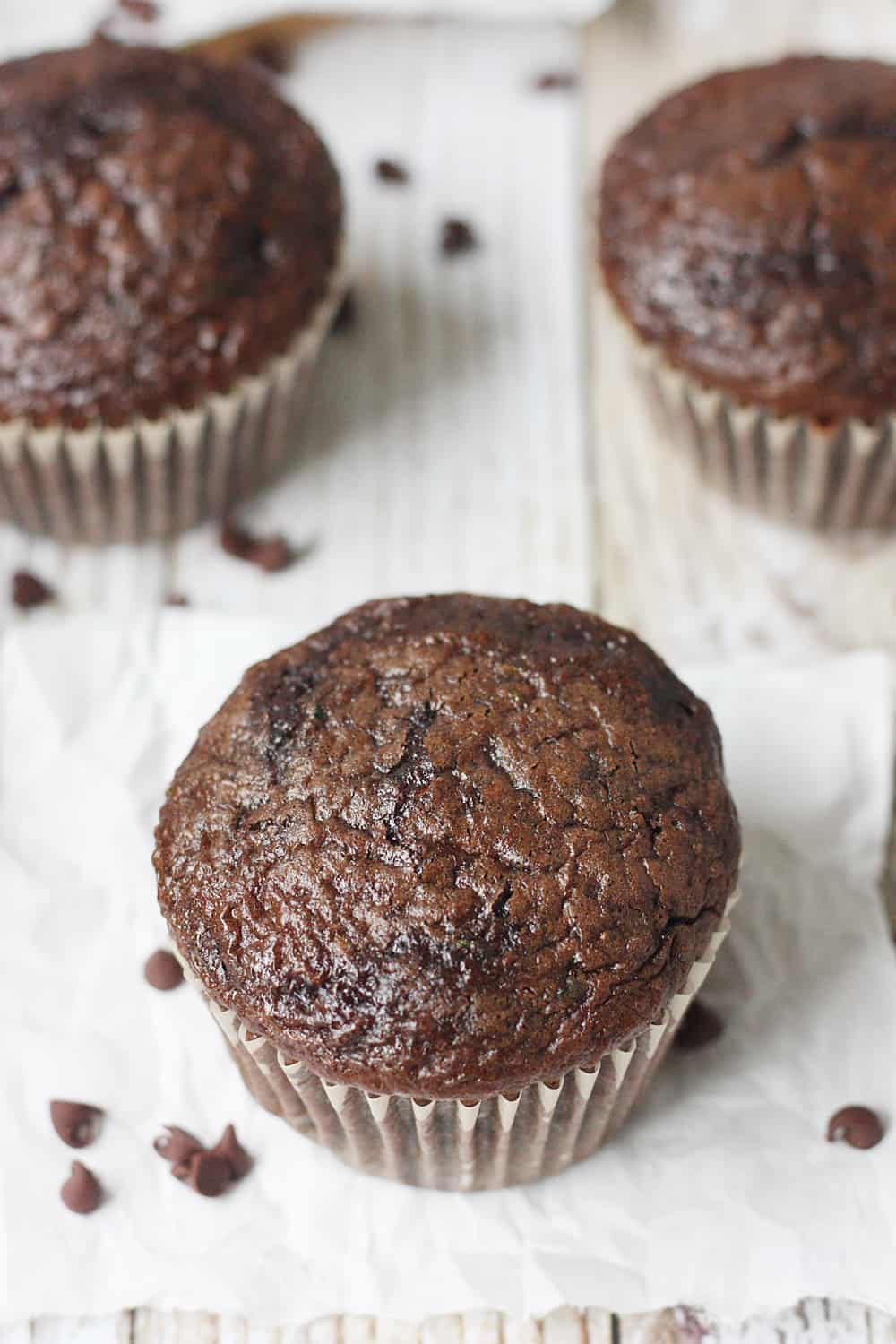 EASY Double Chocolate Zucchini Muffins close-up.
