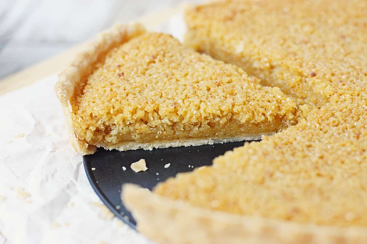 EASY Treacle Tart on table.